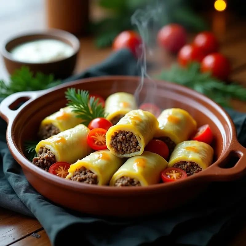 Plato hondo de cerámica blanca con Sarmale Rumanos tradicional en hoja de col, rellenos de carne y arroz, bañados en salsa de tomate y acompañados de crema agria y eneldo fresco. Fondo rústico de madera con velas navideñas.