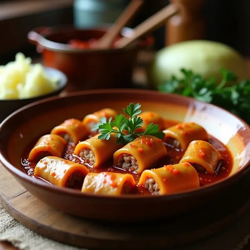 Plato hondo de barro con sarmale rumanos de repollo y carne de cerdo bañados en salsa de tomate casero espesa, decorados con perejil fresco. Al fondo, una olla de cocción lenta y hojas de repollo fermentado.