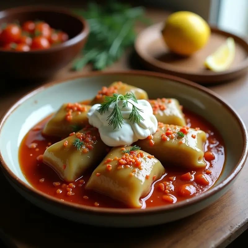 Plato de sarmale rumanos de repollo fermentado relleno de carne, servidos en fuente de barro con jugo espeso y hierbas frescas, receta tradicional de invierno en olla exprés.
