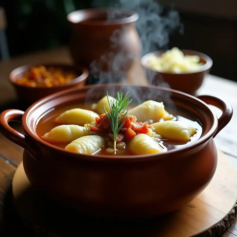 Plato de barro rústico con sarmale de repollo fermentado y carne de cerdo, rollitos apilados y bañados en salsa de tomate espesa, acompañados de crema agria y hojas de repollo fermentado fresco. Receta rumana tradicional en olla.