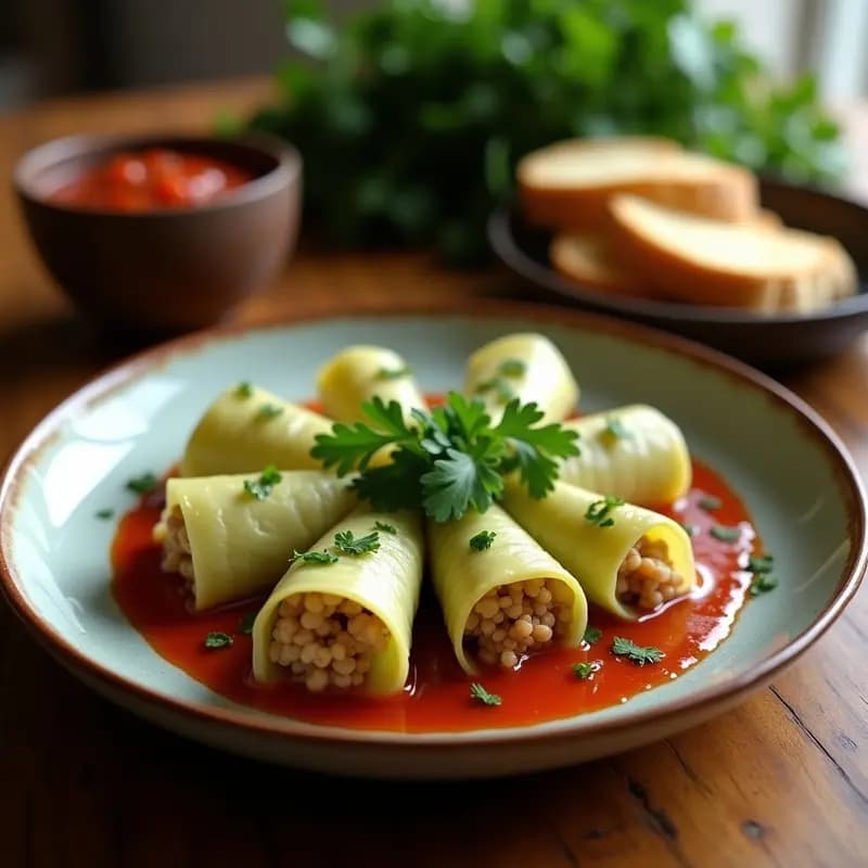 Plato hondo de barro con Sarmale Rumanos de repollo fermentado rellenos de carne de soja y arroz, bañados en caldo dorado y decorados con hierbas frescas. Receta vegana tradicional rumana.