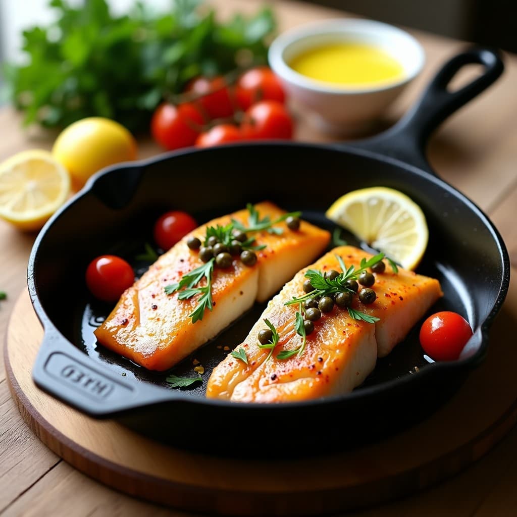 Filetes dorados de merluza con piel crujiente en sartén de hierro, acompañados de alcaparras, rodajas de limón fresco, tomates cherry y perejil picado. Plato mediterráneo bajo en calorías y listo en 15 minutos.