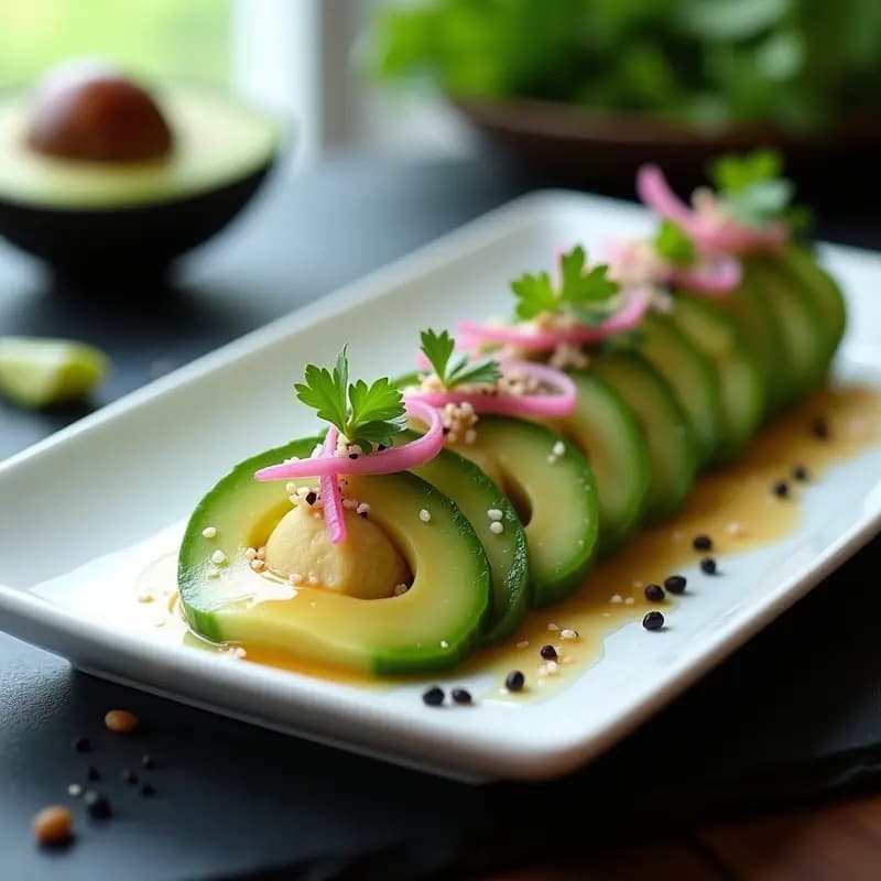 Plato blanco minimalista con láminas finas de aguacate y pepino superpuestas, decorado con copos de alga nori, semillas de sésamo negro y hojas de shiso. Acompañado de un pequeño bol de salsa ponzu dorada y palillos japoneses. Receta de sashimi vegano y crudivegana.