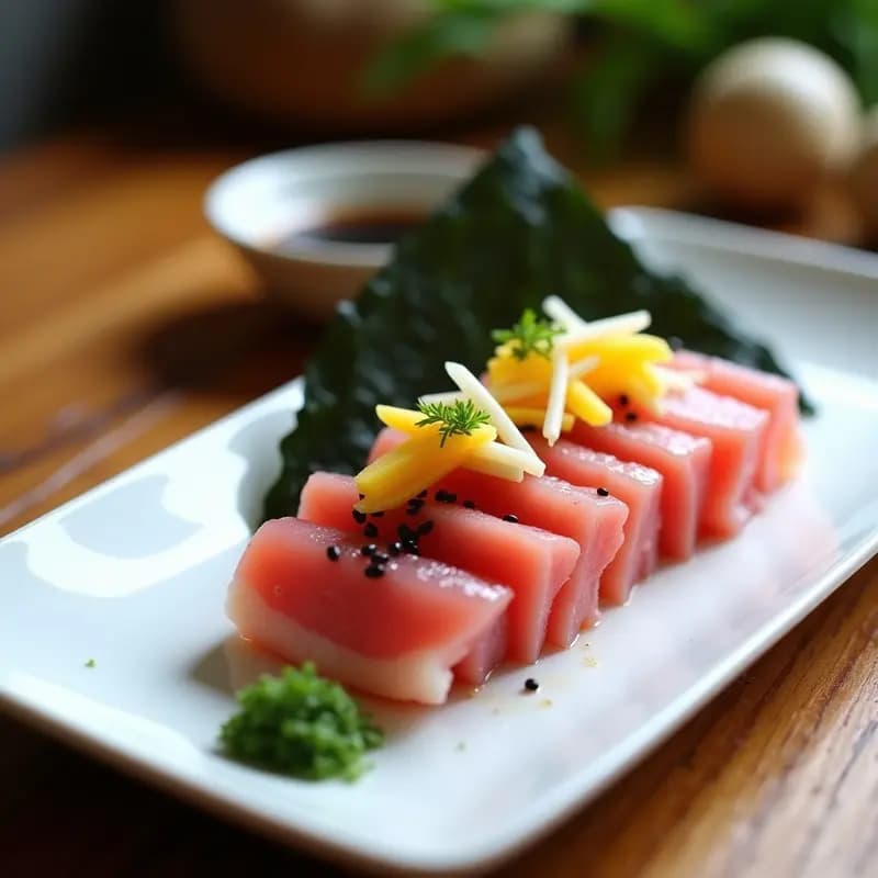 Plato blanco rectangular con láminas de sashimi de atún fresco dispuestas en abanico, coronadas con encurtidos de jengibre amarillo y rábano daikon blanco en juliana, espolvoreadas con semillas de sésamo negro y decoradas con cebollino picado. Al fondo, algas nori y un cuenco pequeño con salsa de soja. Receta japonesa fresca y baja en calorías.
