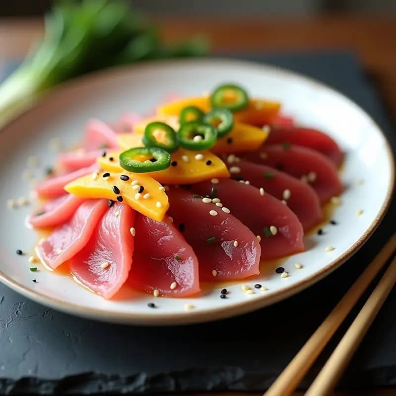 Plato de porcelana blanca con sashimi de atún rojo en láminas finas, acompañado de tiras de mango maduro y jalapeño verde, decorado con semillas de sésamo negro y blanco, cebollino picado y un hilo de vinagreta dorada. Receta japonesa fresca y picante.