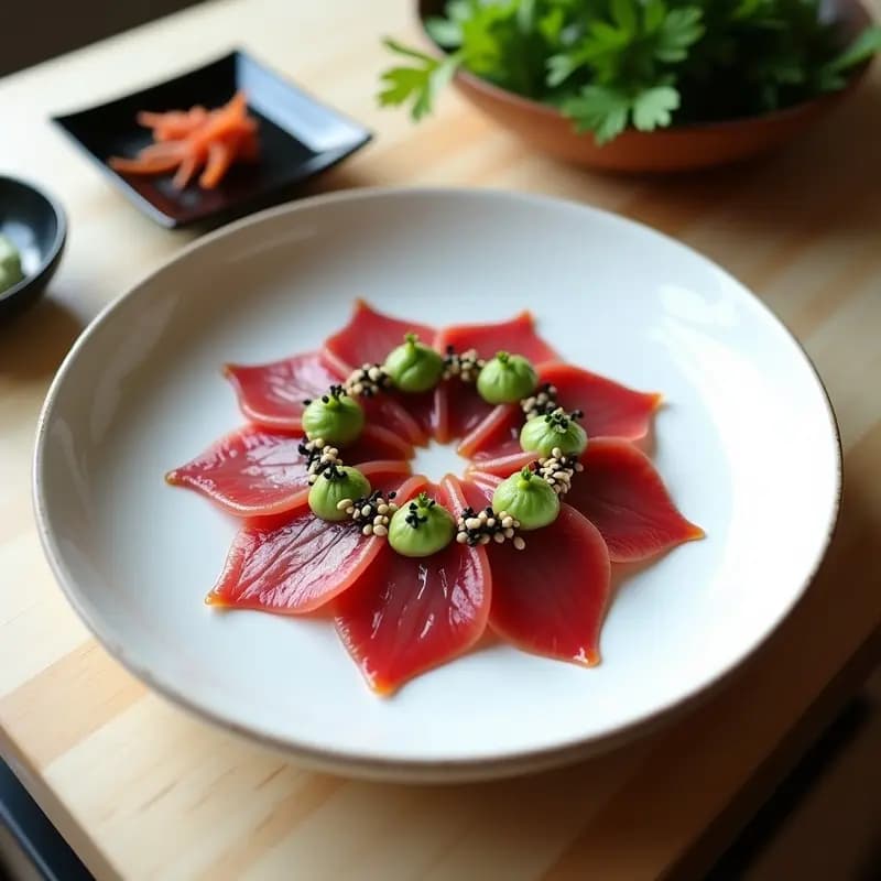 Plato blanco frío con láminas de sashimi de atún rojo dispuestas en círculo, decoradas con pesto verde de cilantro y lima, semillas de sésamo negro y láminas de alga nori. Acompañado de salsa de soja y wasabi en recipientes pequeños. Receta japonesa keto sin carbohidratos.