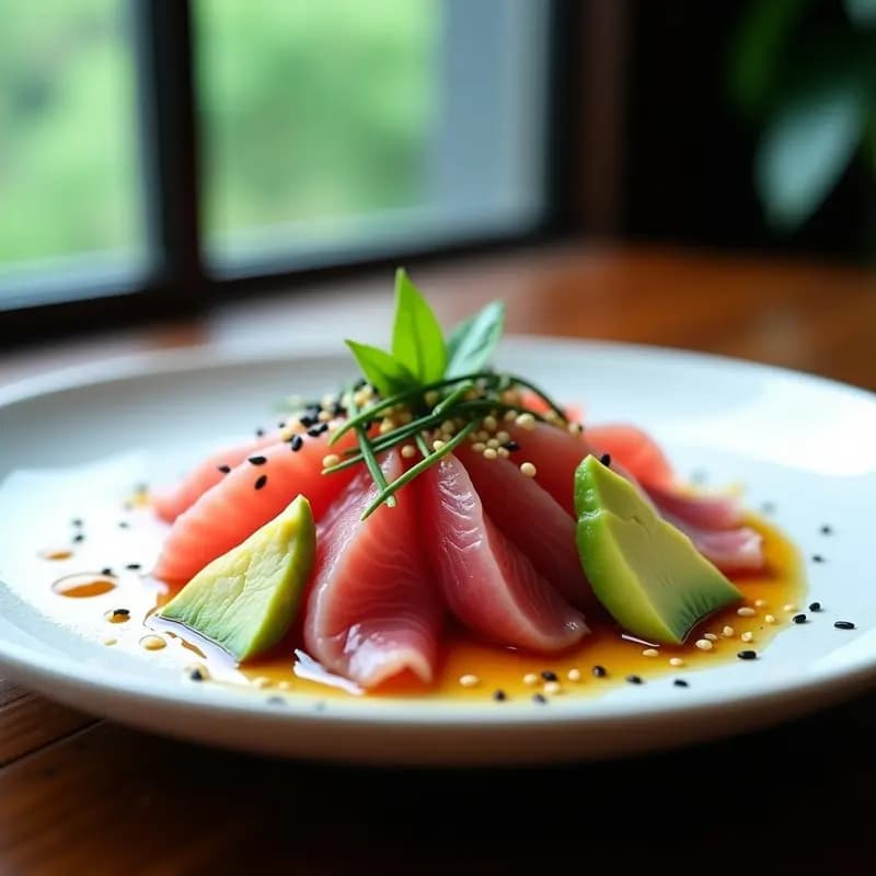 Plato blanco minimalista con sashimi de atún rojo en láminas finas y aguacate en rodajas, bañado con salsa ponzu brillante. Decorado con semillas de sésamo negro y blanco, cebollino picado, ralladura de limón yima y algas nori. Fondos desenfocados con tonos verdes y azules para resaltar la frescura. Receta japonesa baja en calorías.