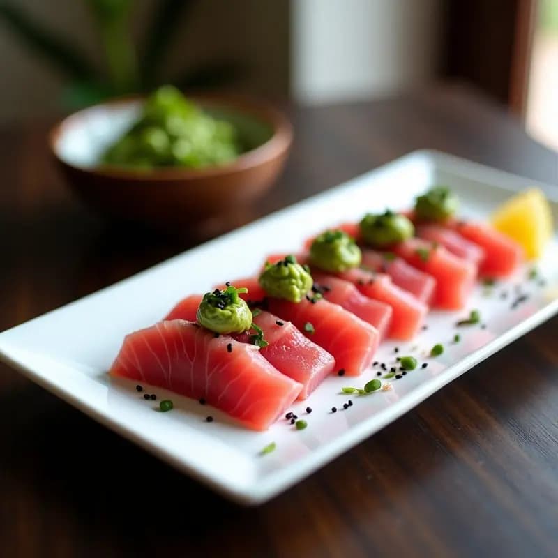 Plato blanco rectangular con láminas finas de sashimi de atún rojo dispuestas en abanico, decoradas con salsa wasabi y jengibre, semillas de sésamo negro, cebollino picado y hebras de alga nori, acompañadas de una rodaja de limón yuzu. Receta japonesa fresca y ligera.