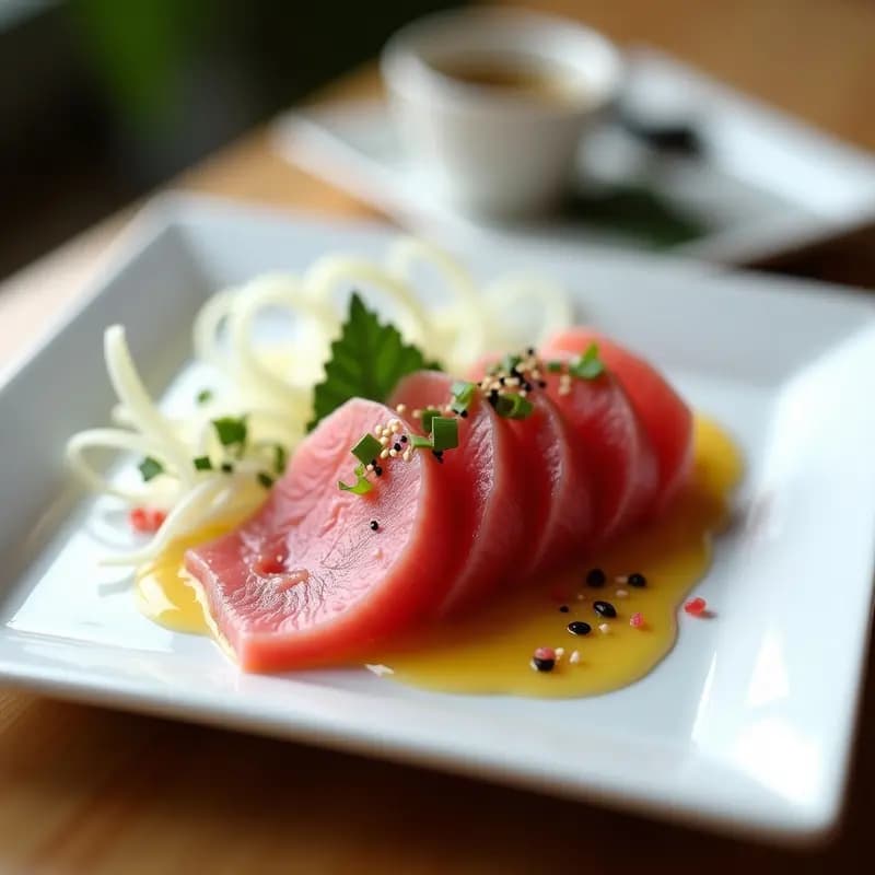 Plato rectangular blanco con láminas de sashimi de atún rojo fresco dispuestas en abanico, rodeadas de juliana de rábanos daikon blancos y decoradas con semillas de sésamo negras, algas nori y cebollino picado. Vinagreta de yuzu dorada rociada sobre el pescado, con un fondo minimalista que resalta los colores vibrantes del entrante japonés bajo en calorías.