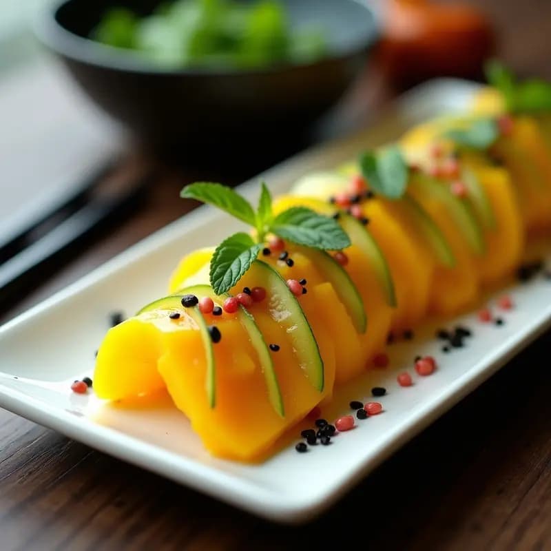 Plato rectangular blanco con sashimi vegano de láminas finas de mango amarillo y pepino verde, dispuesto en abanico. Decorado con semillas de sésamo negro, cilantro fresco y un hilo de vinagreta dorada de jengibre. Fondo minimalista con toques de madera oscura.