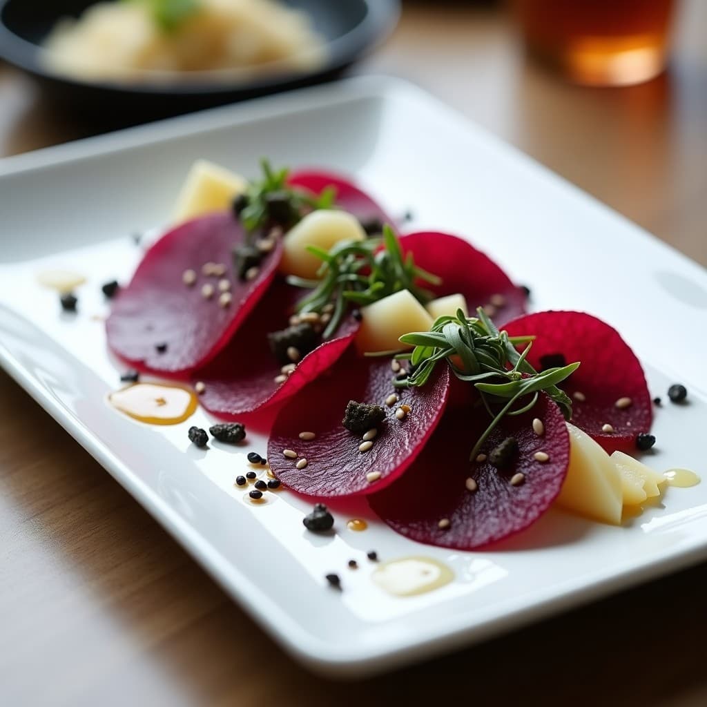 Plato rectangular de pizarra con láminas finas de sashimi de remolacha y jengibre, decorado con cebolla morada, cilantro fresco y semillas de sésamo negro y blanco. La vinagreta de sésamo brilla sobre el plato, dando un aspecto fresco y apetecible. Receta vegana cruda y nutritiva.