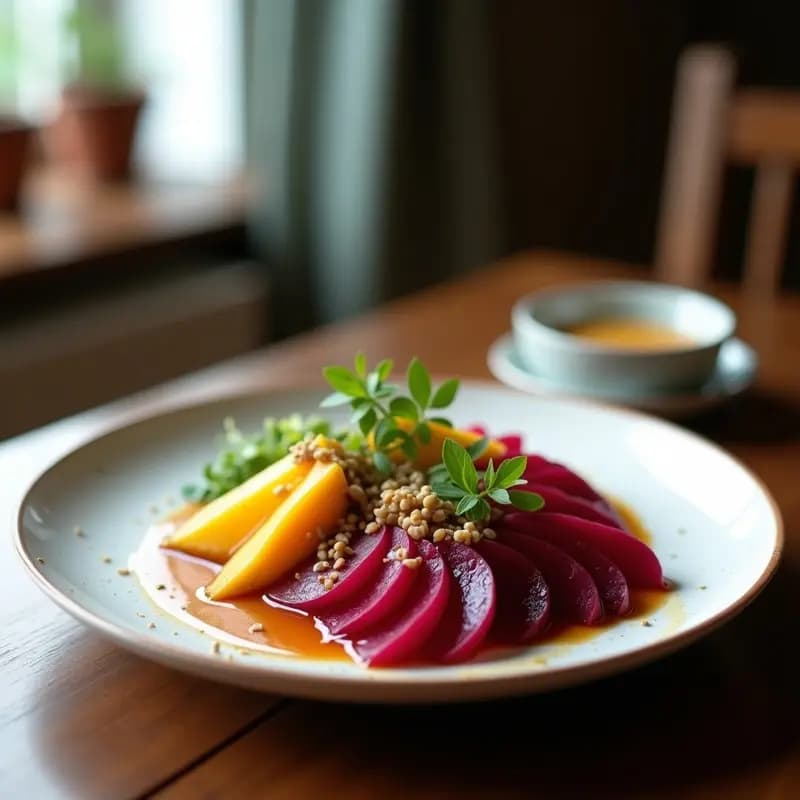 Plato rectangular blanco con sashimi vegano de remolacha marina y mango en láminas finas dispuestas en abanico, bañadas con vinagreta de sésamo, decoradas con semillas de sésamo negro y blanco, cebollino picado, hojas de shiso moradas y algas nori en copos. Presentación elegante con toques japoneses.