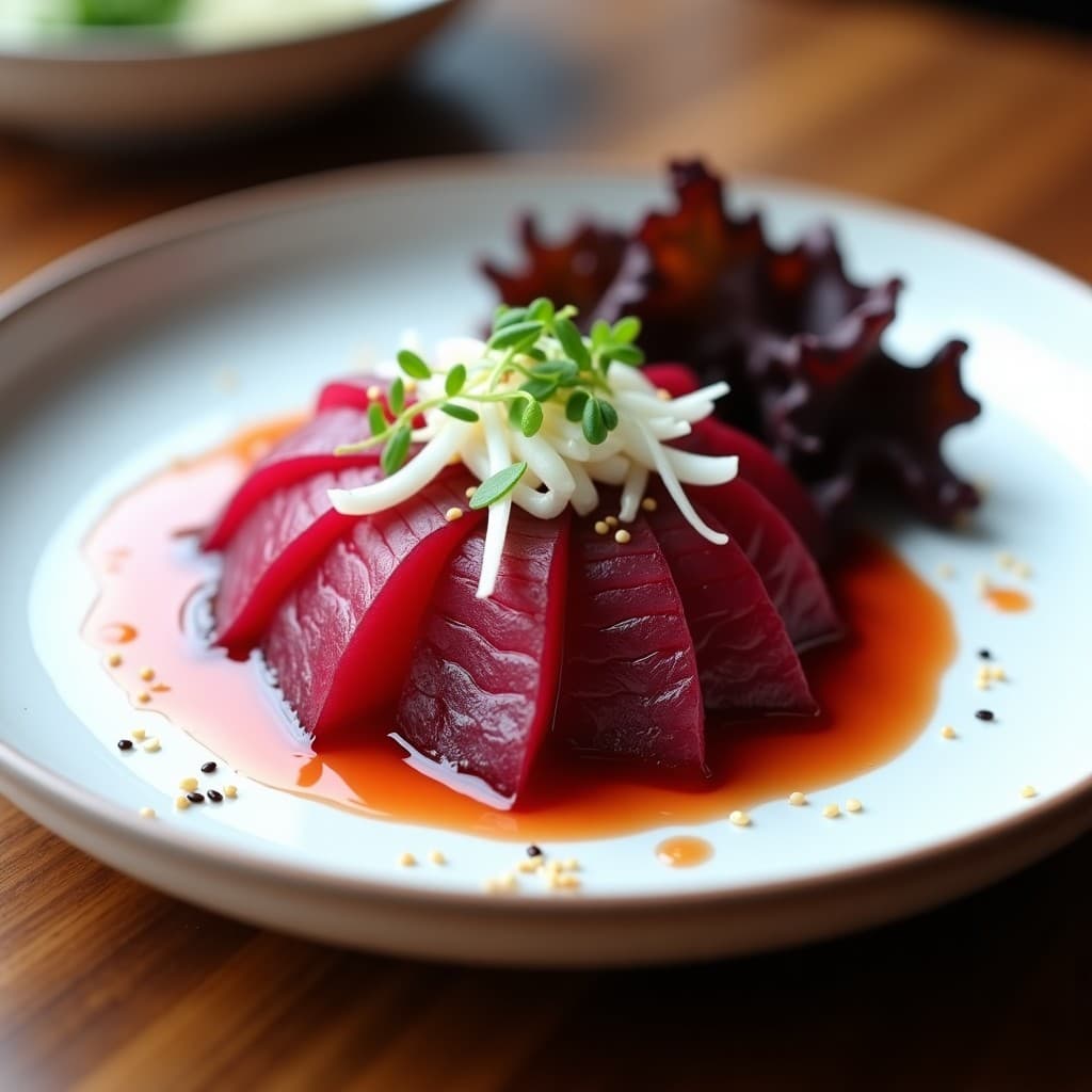 Plato blanco minimalista con sashimi de remolacha marinada en rodajas finas, decorado con juliana de rábano daikon, semillas de sésamo negro y cebollino. Salsa ponzu brillante al lado, con fondo de hojas de lechuga morada.