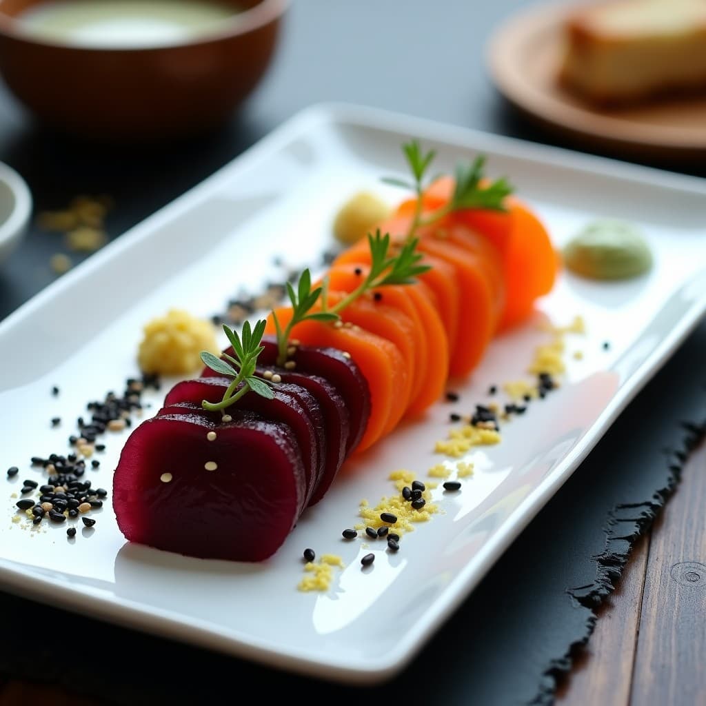 Plato blanco rectangular con sashimi vegano de remolacha y zanahoria marinada, cortado en láminas finas y dispuestas en abanico. Decorado con wasabi vegano, semillas de sésamo negro y blanco, cebollino picado y trozos de alga nori. Presentación elegante sobre fondo oscuro.
