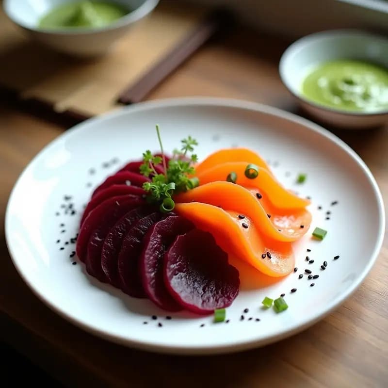 Plato blanco de cerámica con láminas finas de sashimi vegano de remolacha morada y zanahoria naranja, dispuestas en abanico. Acompañado de salsa wasabi verde en un pequeño bol y decorado con semillas de sésamo negro y cebollino picado. Fondo minimalista con detalles japoneses.