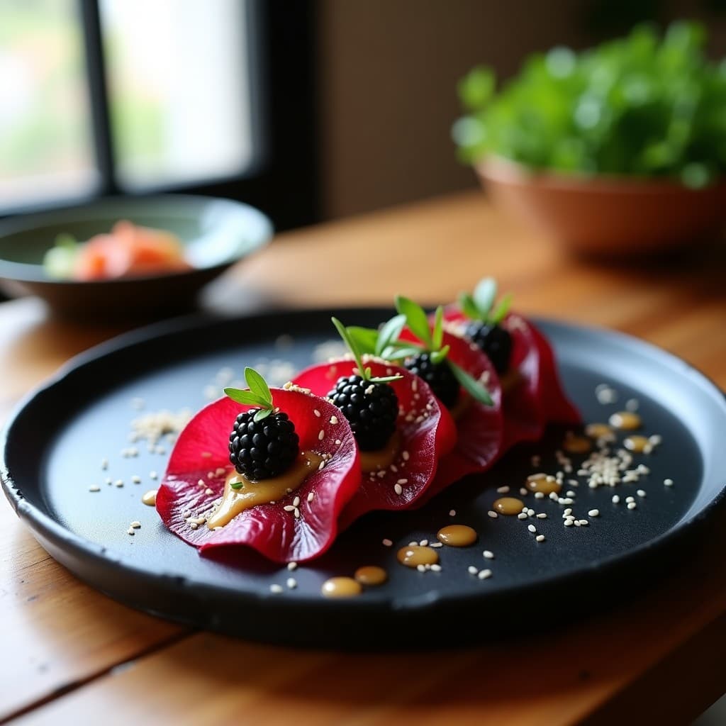 Plato de pizarra negra con sashimi de remolacha en láminas finas y rosadas, zarzamoras frescas cortadas por la mitad, decorado con semillas de sésamo negro y blanco, cebollino picado y hojas de shiso. Bañado con vinagreta dorada de tamari y jengibre. Receta vegana fusión Japón-Perú.