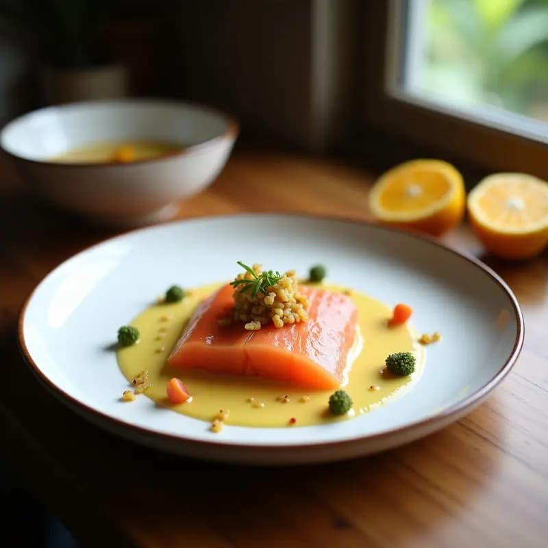 Plato blanco alargado con láminas de sashimi de salmón ahumado dispuestas en abanico, cubiertas con crujiente de quinoa tostada, salsa de mango habanero en puntos naranjas y decorado con semillas de sésamo negro y cebollino picado. Receta fusion japonesa-peruana.