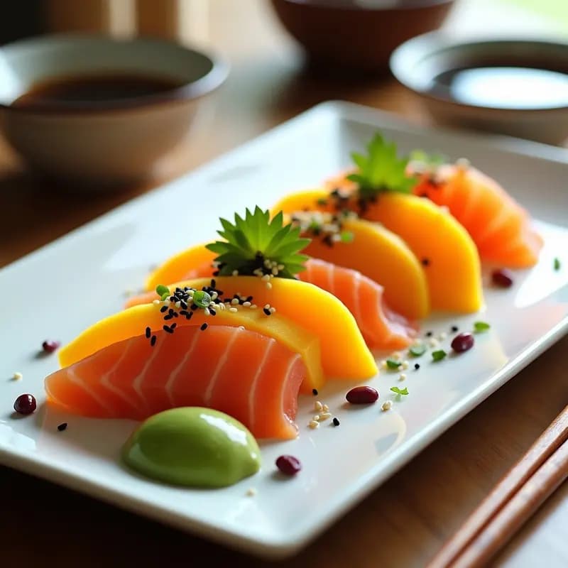 Plato rectangular blanco con sashimi de salmón en láminas finas, alternado con tiras de mango amarillo y aguacate verde. Decorado con semillas de sésamo negro y blanco, cebollino picado, jengibre rallado y hojas de shiso moradas. Acompañado de salsa de soja y palillos de madera.