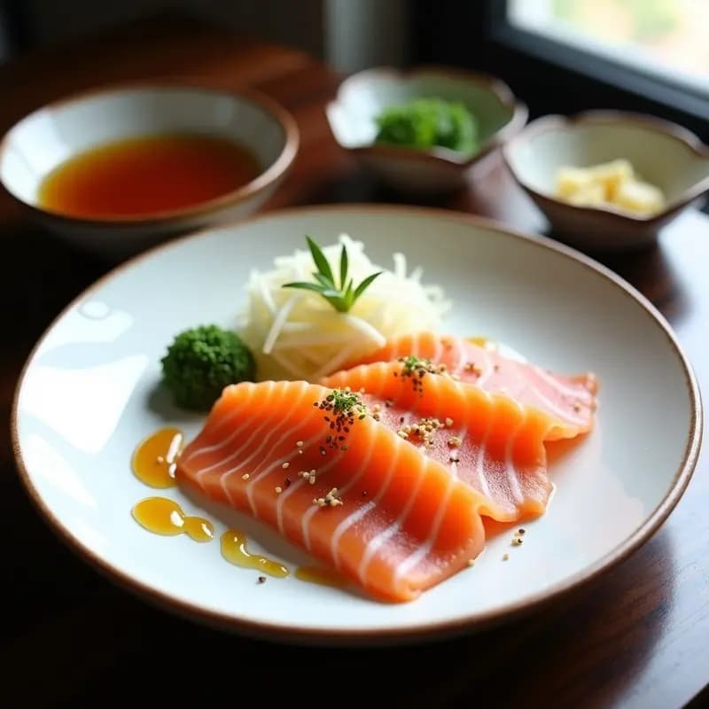 Plato de porcelana blanca con láminas de sashimi de salmón rosado fresco, rábanos daikon encurtidos en juliana, semillas de sésamo tostado y hojas de shiso, bañado con salsa ponzu. Entrante japonés crudo y fresco.