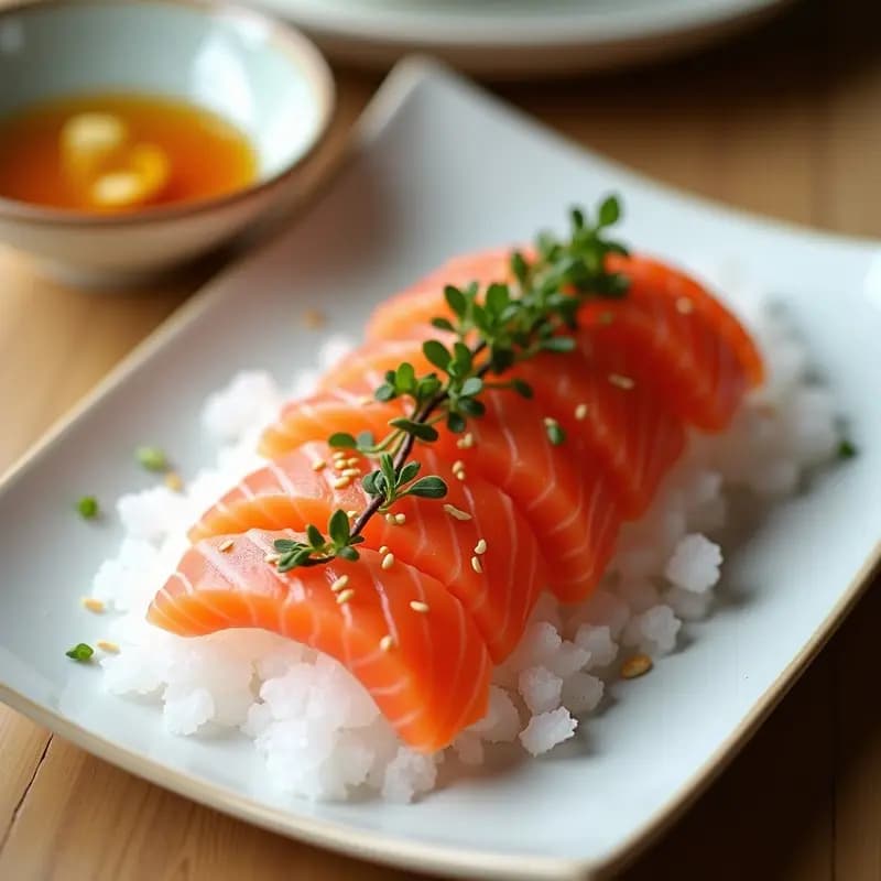 Plato blanco alargado con láminas de sashimi de salmón fresco dispuestas en abanico, decoradas con rábano daikon rallado, semillas de sésamo negro, cebollino picado y tiras de alga nori. Acompañado de un cuenco pequeño con salsa ponzu dorada y palillos de madera. Receta japonesa de sashimi de salmón con salsa ponzu.