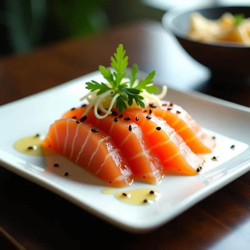 Plato blanco minimalista con láminas de sashimi de salmón marinado en salsa de yuzu y jengibre, decorado con semillas de sésamo negro, hojas de shiso y cebollino, sobre una base de hielo picado. Receta japonesa fresca y elegante.