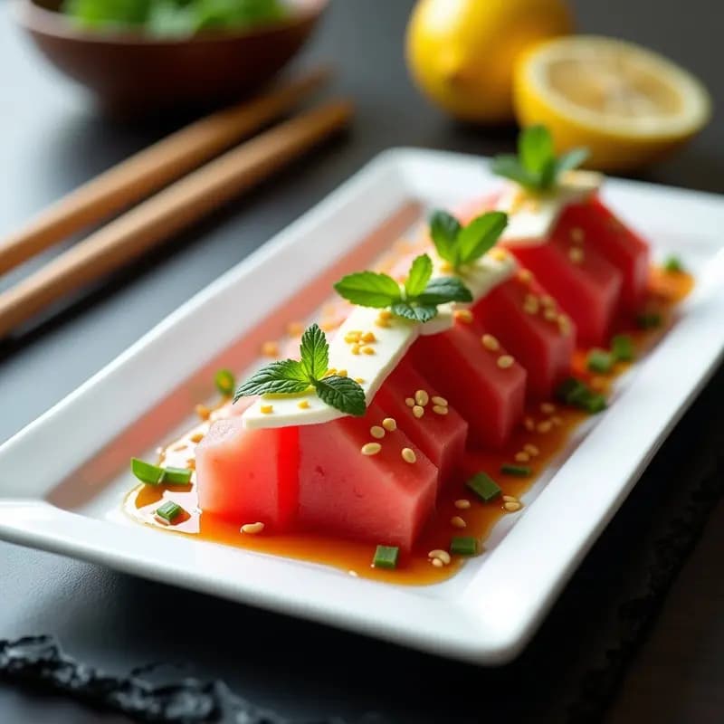 Plato rectangular blanco con sashimi de sandía y queso feta, láminas finas superpuestas decoradas con algas nori, semillas de sésamo, hojas de shiso morado y pimienta de Sichuan. Receta de aperitivo japonés-griego fresco y veraniego.
