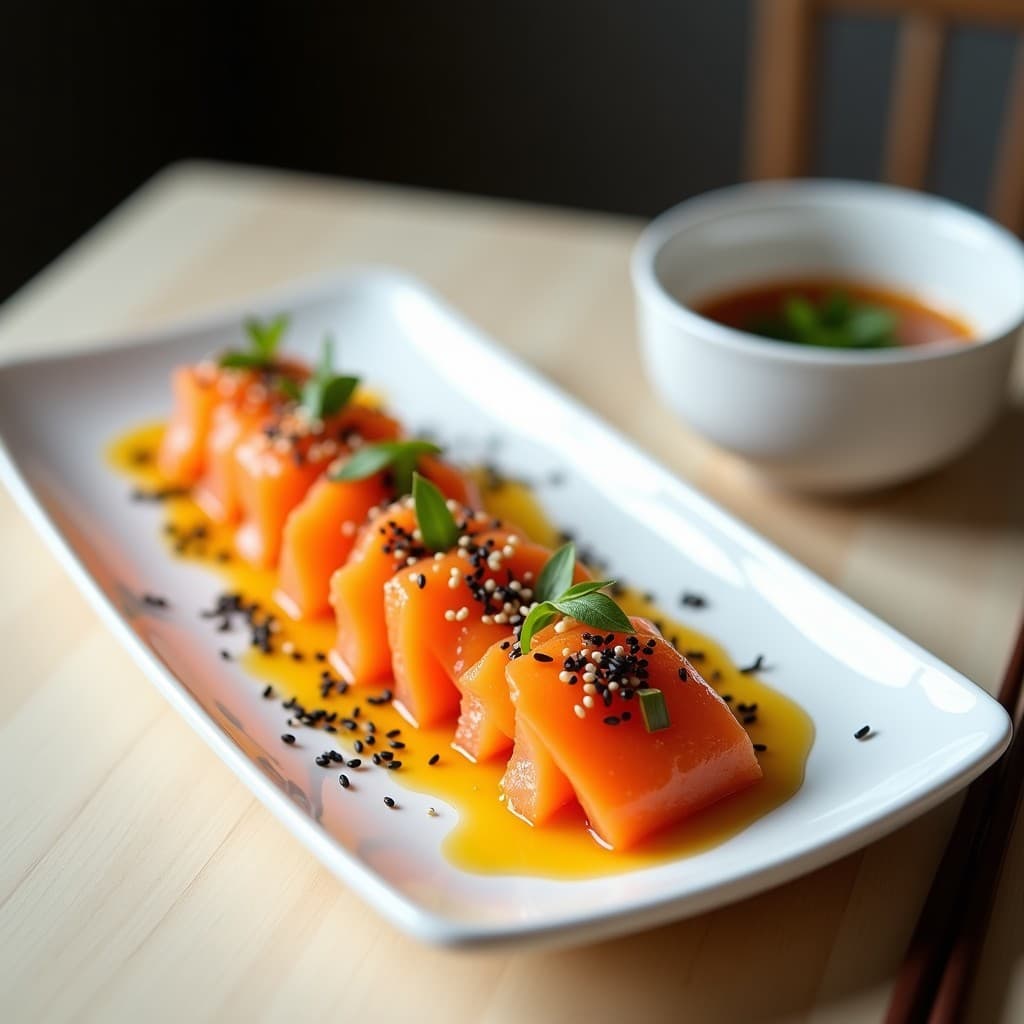 Plato blanco rectangular con sashimi de zapallito de trampa en láminas finas, marinadas en salsa ponzu, decoradas con semillas de sésamo negro y blanco, cebollino picado y un hilo de aceite de oliva. Fondo minimalista con palillos japoneses.