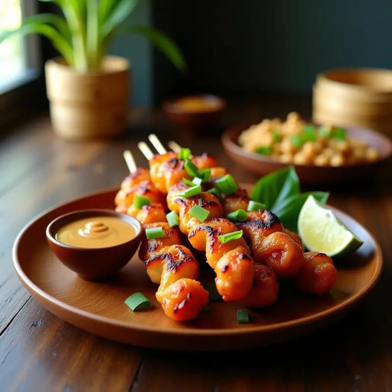 Brochetas de satay de cerdo doradas y crujientes en palillos de bambú, servidas sobre un plato de madera con salsa de cacahuete espesa y brillante al lado, decoradas con cebollino picado y rodajas de lima. Receta tailandesa en airfryer con toques de limoncillo.