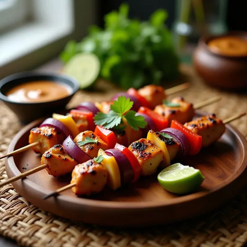 Brochetas de satay de pollo indonesio asadas en grill, doradas y jugosas, servidas sobre una tabla de madera con peanut sauce cremosa en un bol pequeño. Acompañadas de rodajas de limón y cilantro fresco, con fondo de especias y palitos de bambú.