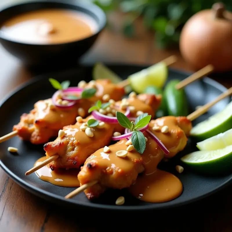 Brochetas de satay de pollo doradas y jugosas, dispuestas en un plato de madera con salsa obat cremosa de cacahuetes y leche de coco. Acompañadas de rodajas de cebolla morada y chile rojo fresco. Receta indonesia alta en proteína y sin gluten.