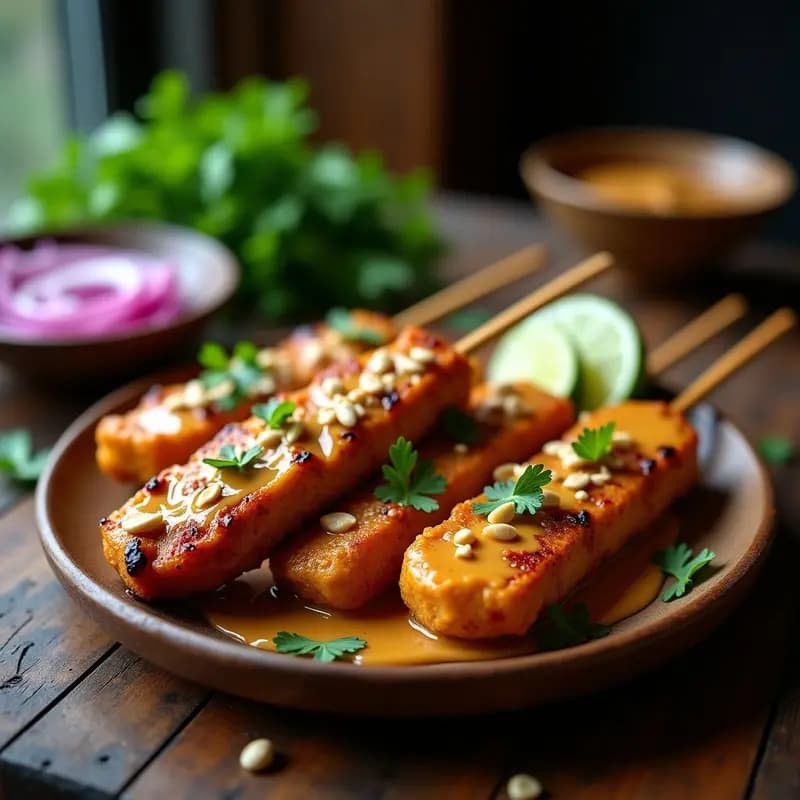 Brochetas de satay de seitán doradas en airfryer, servidas sobre un plato de madera con salsa de cacahuete cremosa, cebolla morada y cilantro fresco, receta indonesia alta en proteína y sin gluten.