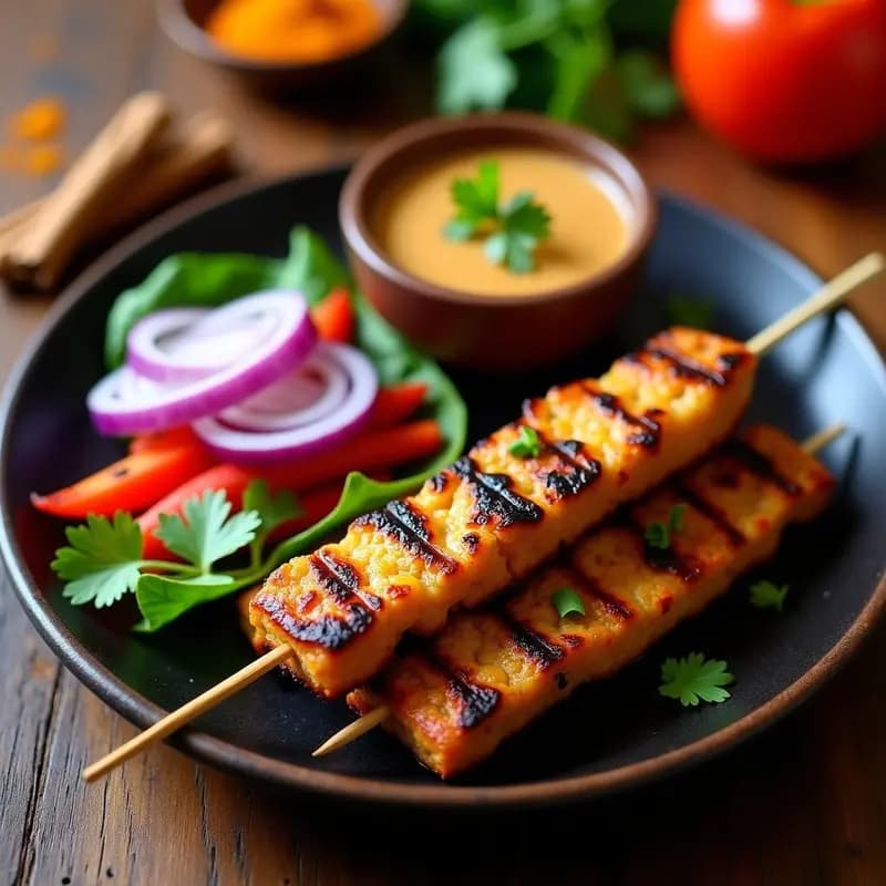 Brochetas de satay de seitán doradas a la parrilla servidas en un plato de cerámica negra con salsa de maní cremosa, cacahuetes picados y cilantro fresco. Fondo con ingredientes como limón verde, cebolla morada y especias indonesias.