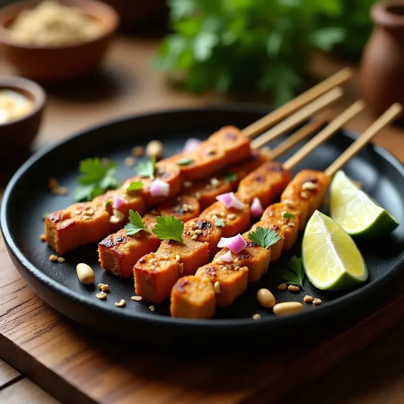 Brochetas de satay de tempeh doradas y jugosas sobre un plato de madera oscura, bañadas en salsa de cacahuete cremosa, decoradas con cebolla morada picada, cacahuetes triturados y perejil fresco. Rodajas de lima al lado para añadir frescura. Receta indonesia vegana y alta en proteína.