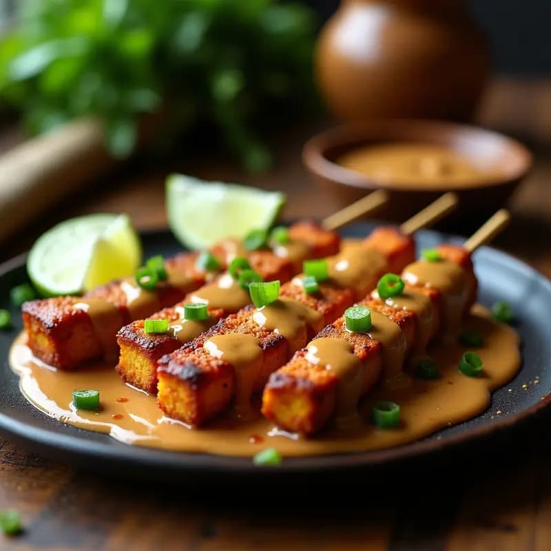 Brochetas de satay de tempeh dorado y crujiente en palillos de bambú, servidas sobre un plato de madera con salsa espesa de cacahuete y lima, decoradas con cebolla morada y cilantro fresco. Receta vegana indonesia en airfryer.