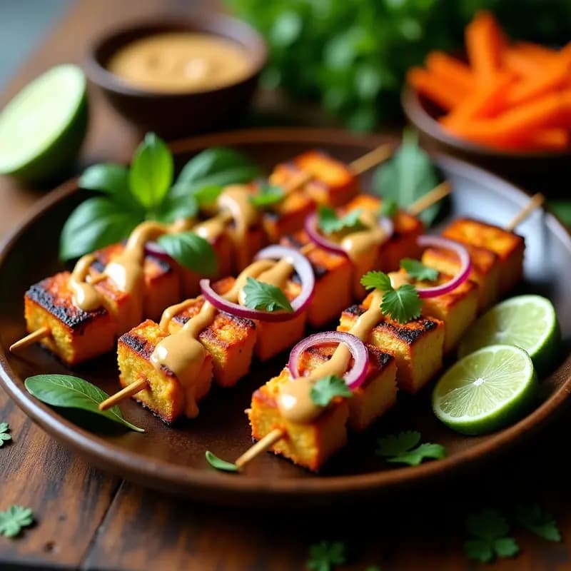 Brochetas de satay de tempeh dorado en palillos de bambú, servidas sobre un plato de madera oscuro con salsa cremosa de cacahuete y limón kaffir, decoradas con cilantro fresco y rodajas de limón kaffir. Receta indonya en airfryer.