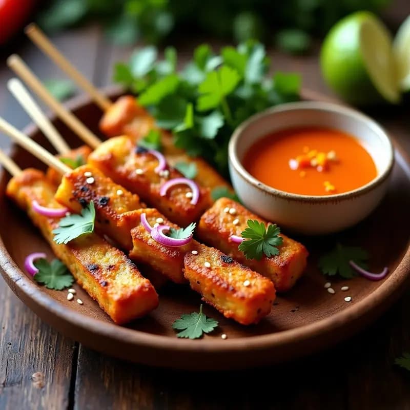Brochetas doradas de satay de tempeh en palitos de bambú, servidas sobre un plato de madera con salsa cremosa de limón y chile, decoradas con cebolla morada y cilantro fresco. Receta indonesia vegana en airfryer.
