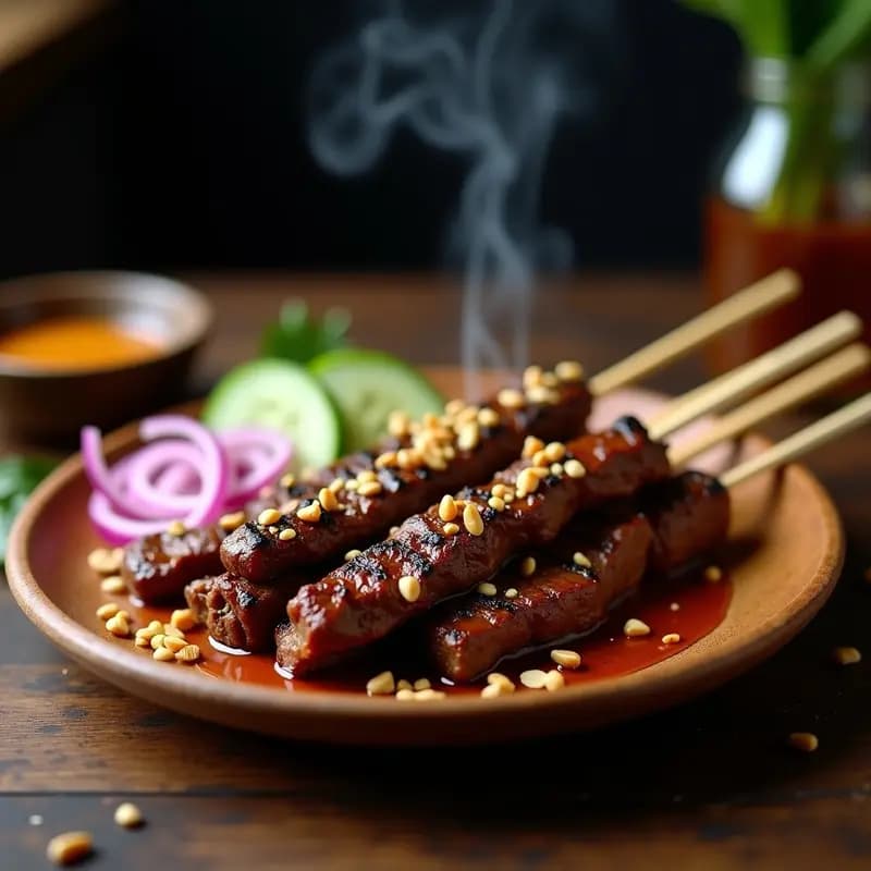 Pinchos de satay de ternera dorados a la parrilla, dispuestos en una fuente de madera oscura con salsa de cacahuete cremosa y cebolla morada en rodajas. Receta indonesia de satay de ternera con cacahuetes y salsa de soja.