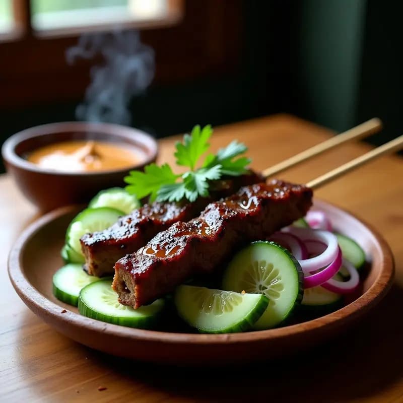 Brochetas de Satay de Ternera doradas al grill dispuestas sobre una ensalada fresca de pepino y cebolla morada, acompañadas de un bol de salsa de cacahuete cremosa. Plato indonesio gourmet con cilantro fresco espolvoreado.