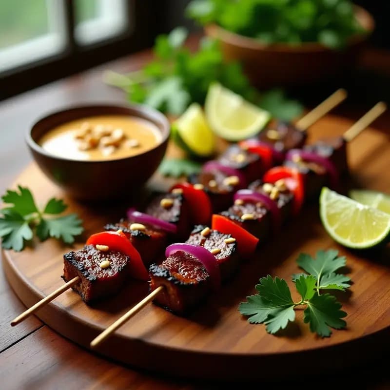Brochetas de satay de ternera gourmet asadas en grill, doradas y jugosas, servidas con salsa cremosa de cacahuete y limón en un plato de madera rústico. Decoradas con cebolla morada, pimiento rojo y gajos de limón fresco, receta indonesia auténtica.
