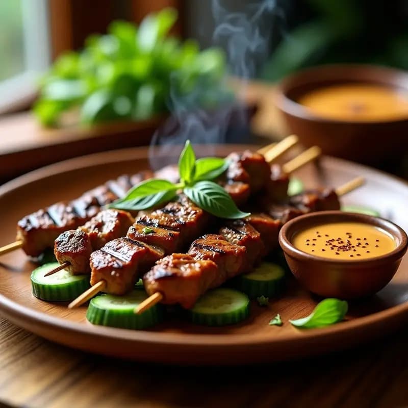 Brochetas de satay de ternera asadas a la parrilla con marcas de carbonización, servidas sobre una tabla de madera rústica. Acompañadas de un bol pequeño con salsa de cacahuete cremosa y trocitos de cebolla morada y chile rojo. Decoradas con hojas de cilantro fresco y limón kaffir. Fondos de humo y ambiente BBQ.