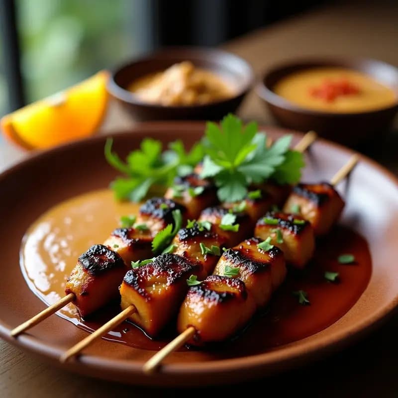 Brochetas de satay de ternera doradas en parrilla, servidas en plato de madera con salsa de cacahuete y pimentón ahumado espesa, cebolla morada en juliana y cilantro fresco. Receta indonesia en parrilla alta en proteína.