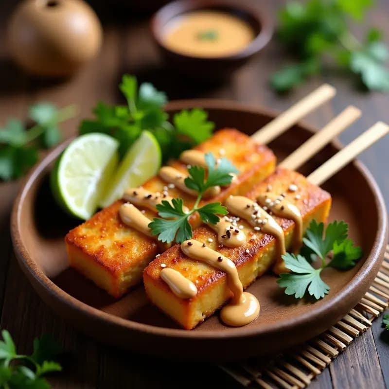Brochetas de satay de tofu dorado con salsa cremosa de cacahuate y lima, decoradas con cilantro y semillas de sésamo, servidas en plato de madera con rodajas de lima al lado. Receta tailandesa keto en 15 minutos.