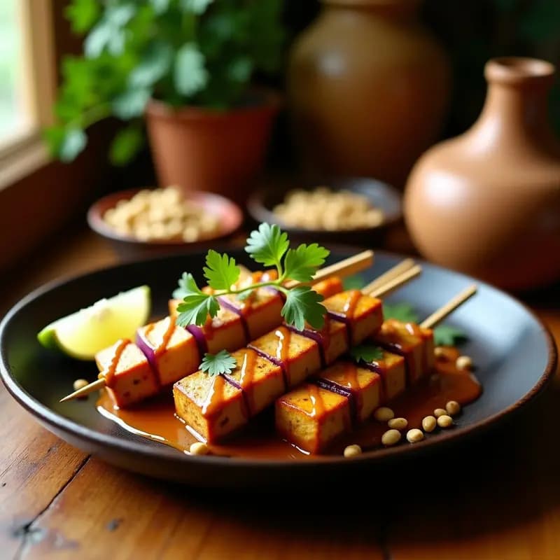Brochetas de satay de tofu dorado y cebolla morada asada, servidas sobre un plato de madera oscuro con salsa espesa de tamarindo y cacahuetes triturados. Decoración con rodajas de limón y hojas de cilantro fresco, fondo borroso con texturas de cocina indonesia.