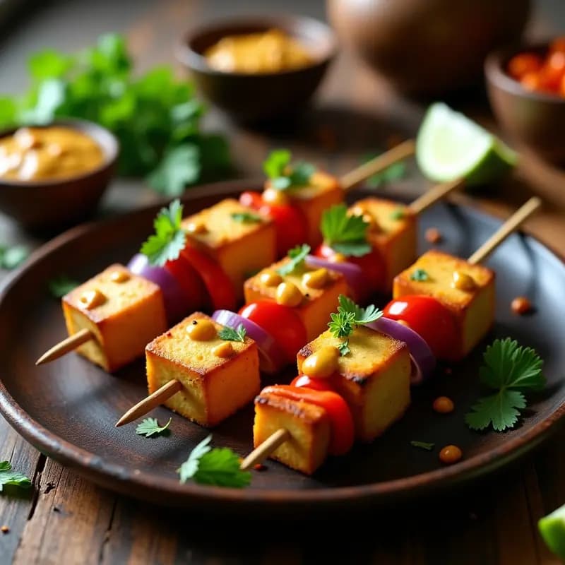 Brochetas indias veganas de satay de tofu con maní y cúrcuma, doradas a la parrilla, servidas en plato de madera con maní triturado y rodajas de limón.
