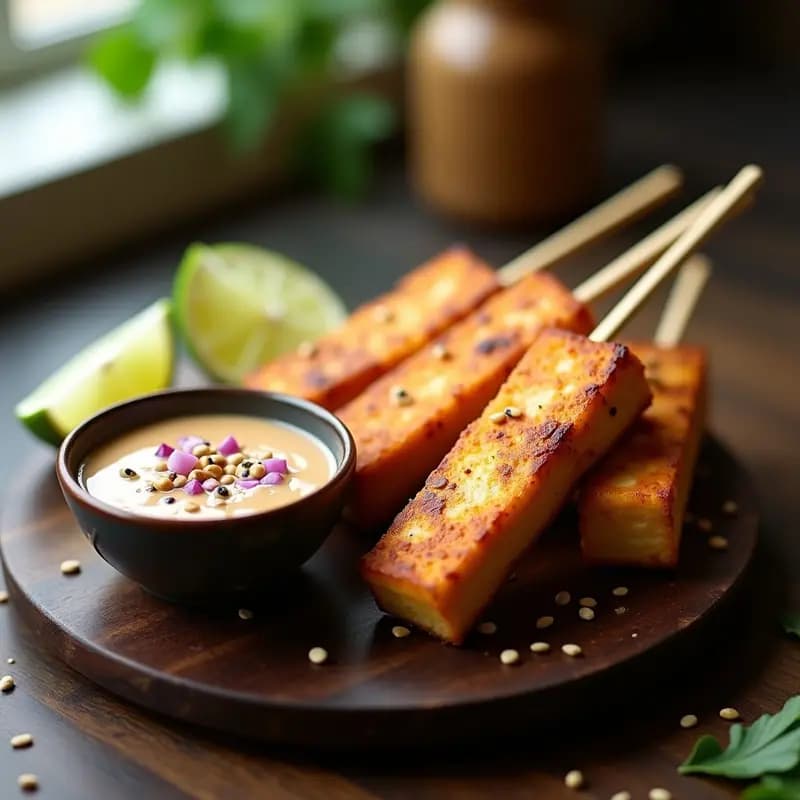 Satay de tofu dorado y crujiente en palillos de madera, servido con una salsa cremosa de maní y lima en un bol pequeño, espolvoreado con semillas de sésamo y acompañado de rodajas de lima sobre una mesa de madera rústica.