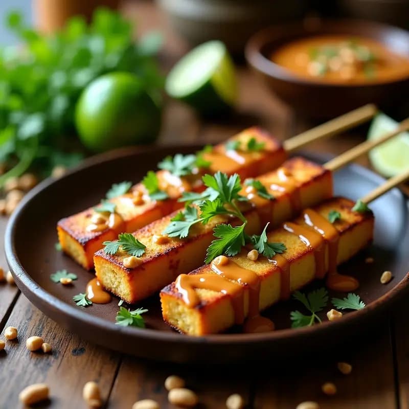Brochetas de satay de tofu dorado y crujiente en palillos de madera, servidas sobre un plato de madera oscura con salsa de cacahuate y lima espesa y brillante. Decoradas con cilantro fresco picado y cacahuetes tostados. Fondo con rodajas de lima y hojas de cilantro, iluminación cálida que resalta los tonos dorados y verdes.