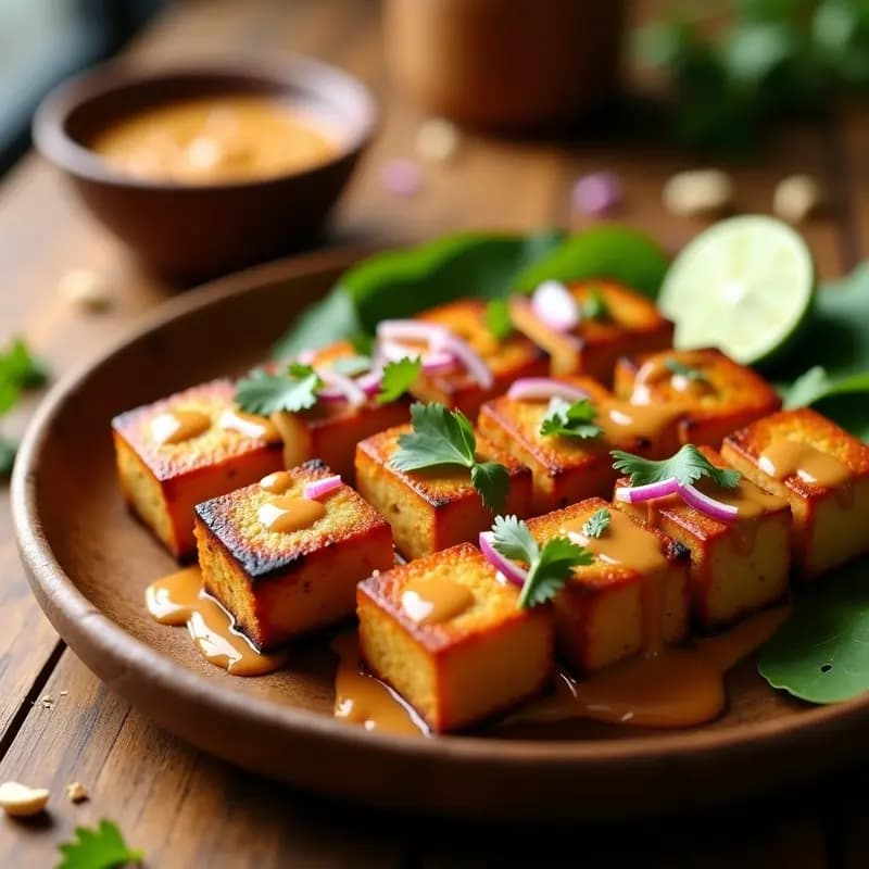 Brochetas de satay de tofu dorado en palitos de bambú, servidas sobre un plato de madera con salsa cremosa de cacahuete y chile, cebolla morada picada y cilantro fresco. Receta tailandesa vegana de aperitivo.