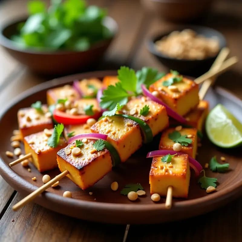 Brochetas de satay de tofu dorado con trozos de cebolla morada y pimiento rojo, servidas sobre una base de lechuga, bañadas en salsa de cacahuete y lima, decoradas con cilantro fresco y semillas de sésamo.