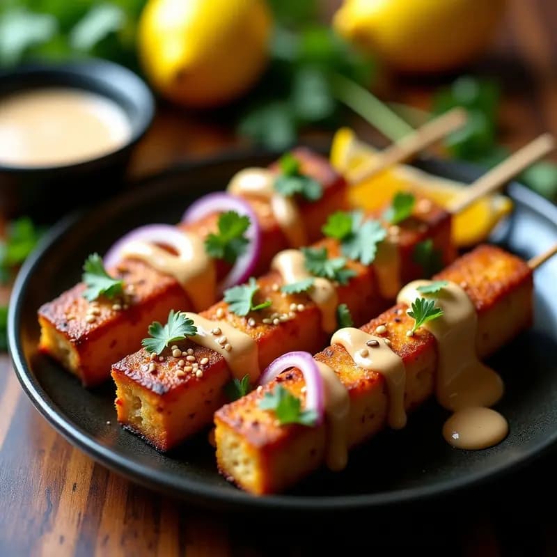 Brochetas de Saté de Tofu doradas en palitos de bambú, bañadas en salsa cremosa de cacahuete y limón, decoradas con cebolla morada, cilantro fresco y semillas de sésamo sobre un plato de cerámica oscura con fondo rústico.