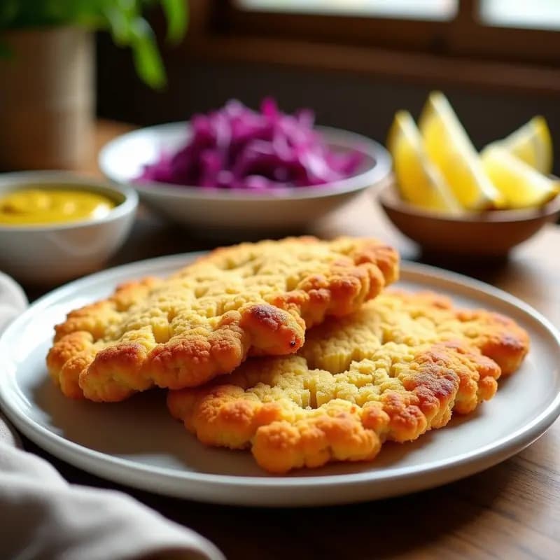 Schnitzel de coliflor empanizado vegano dorado y crujiente servido en plato blanco con crema de anacardos y rodaja de limón, receta alemana en airfryer.